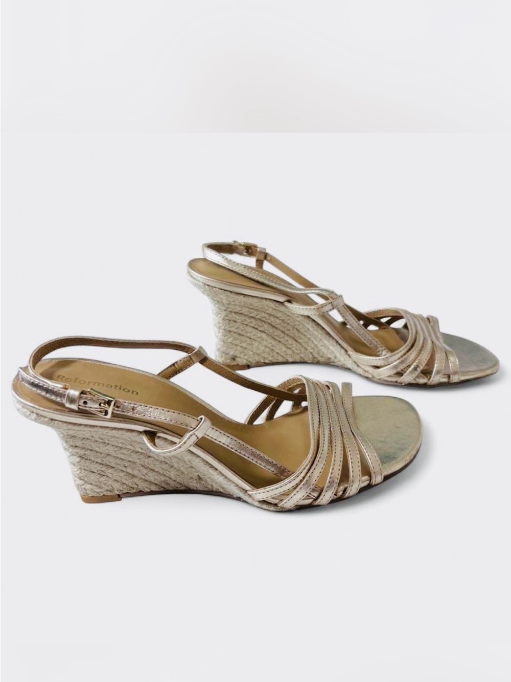 Reformation Metallic Gold Ava Espadrille Wedge Sandals with Strappy Upper